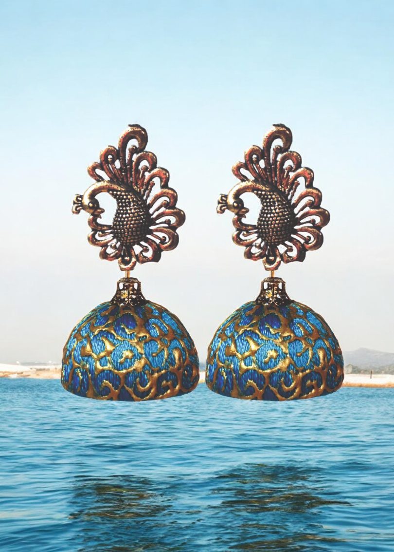 Turquoise Blue Threaded Jhumki with Hand Drawn designs - Image 2