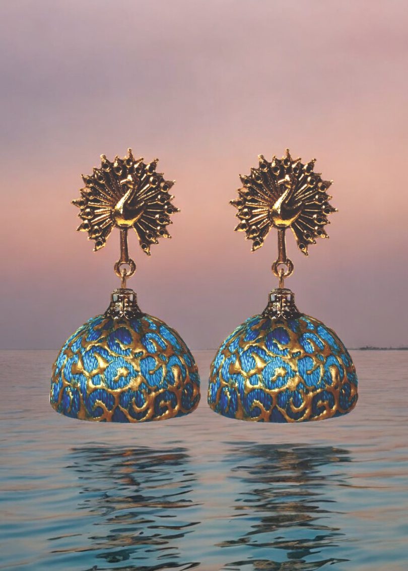 Turquoise Blue Threaded Jhumki with Hand Drawn designs