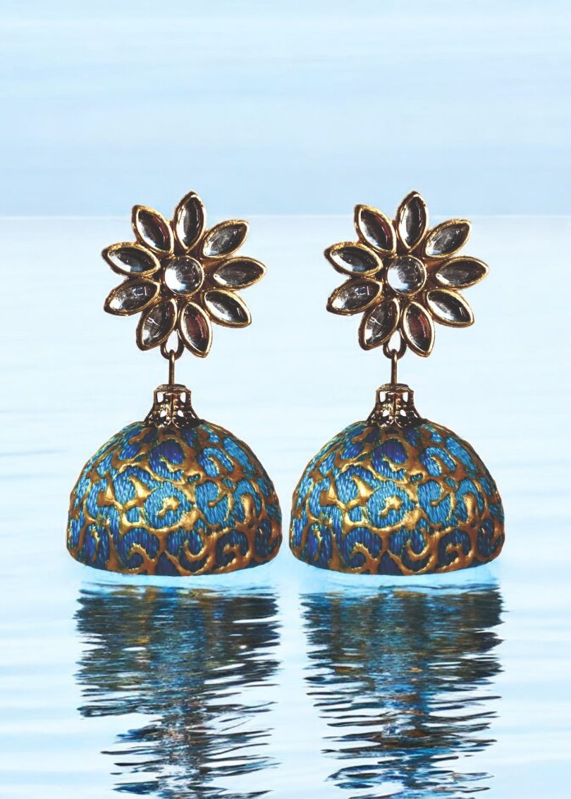 Turquoise Blue Threaded Jhumki with Hand Drawn designs - Image 3