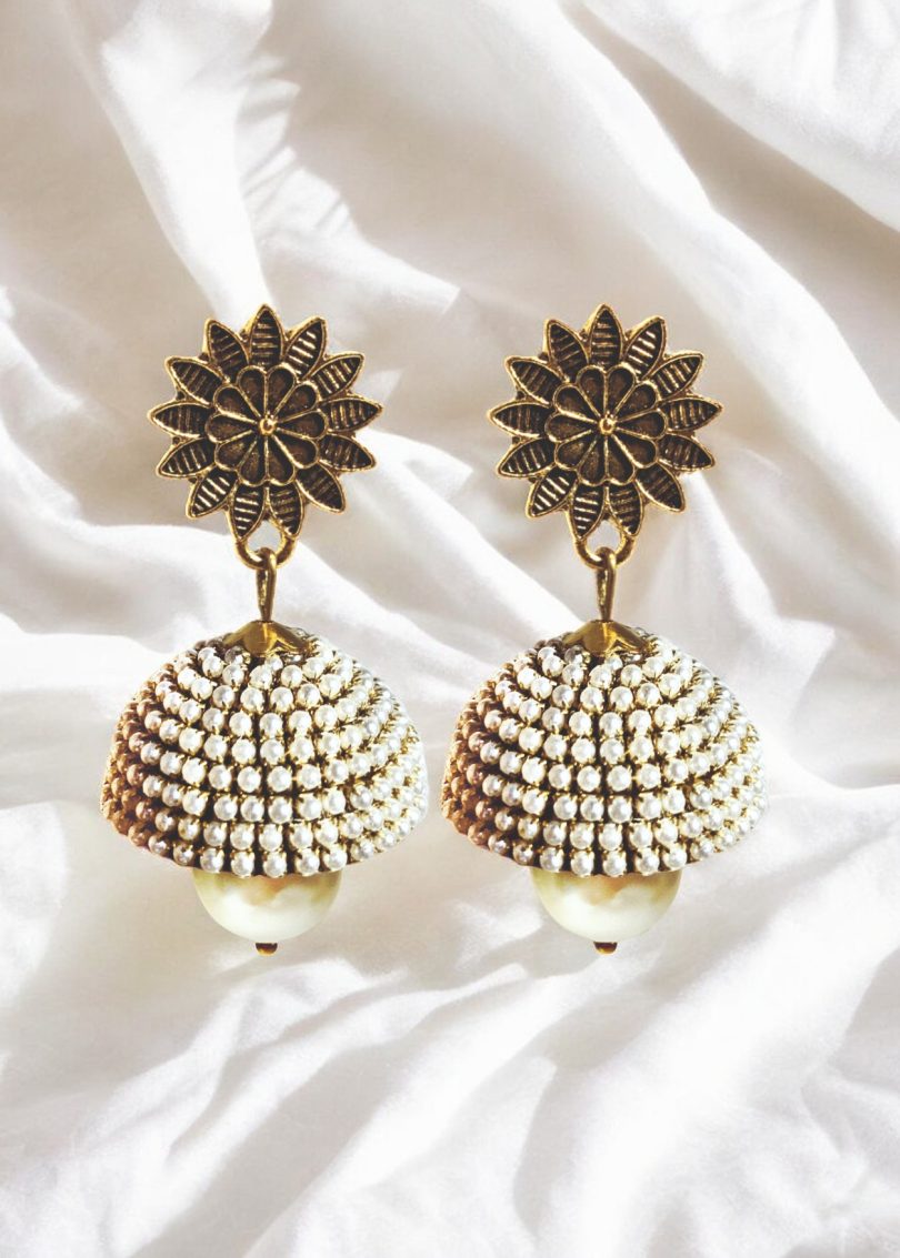 Pearl Bead Jhumki with Hanging Pearl Bead - Image 3