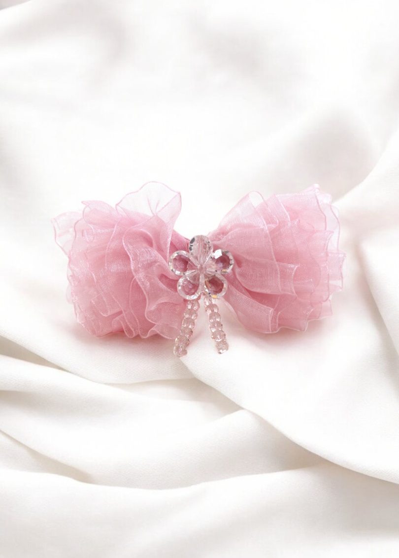 Pink Organza Ribbon Hair Bow - Image 4