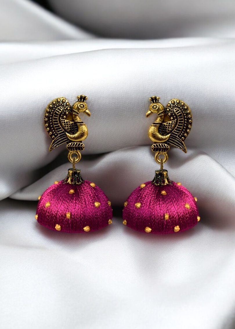Silk Thread Jumki with Antique Peacock Stud - Image 5