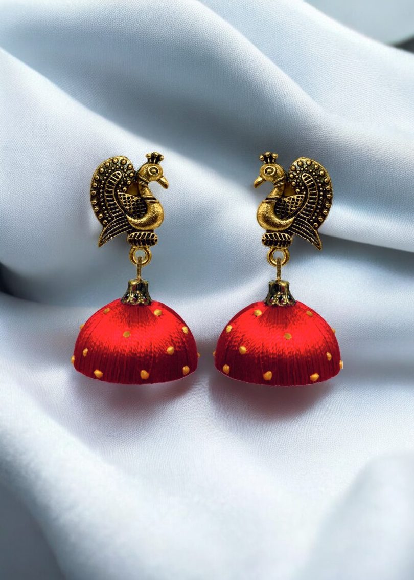 Silk Thread Jumki with Antique Peacock Stud - Image 6