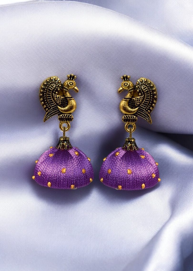 Silk Thread Jumki with Antique Peacock Stud - Image 4