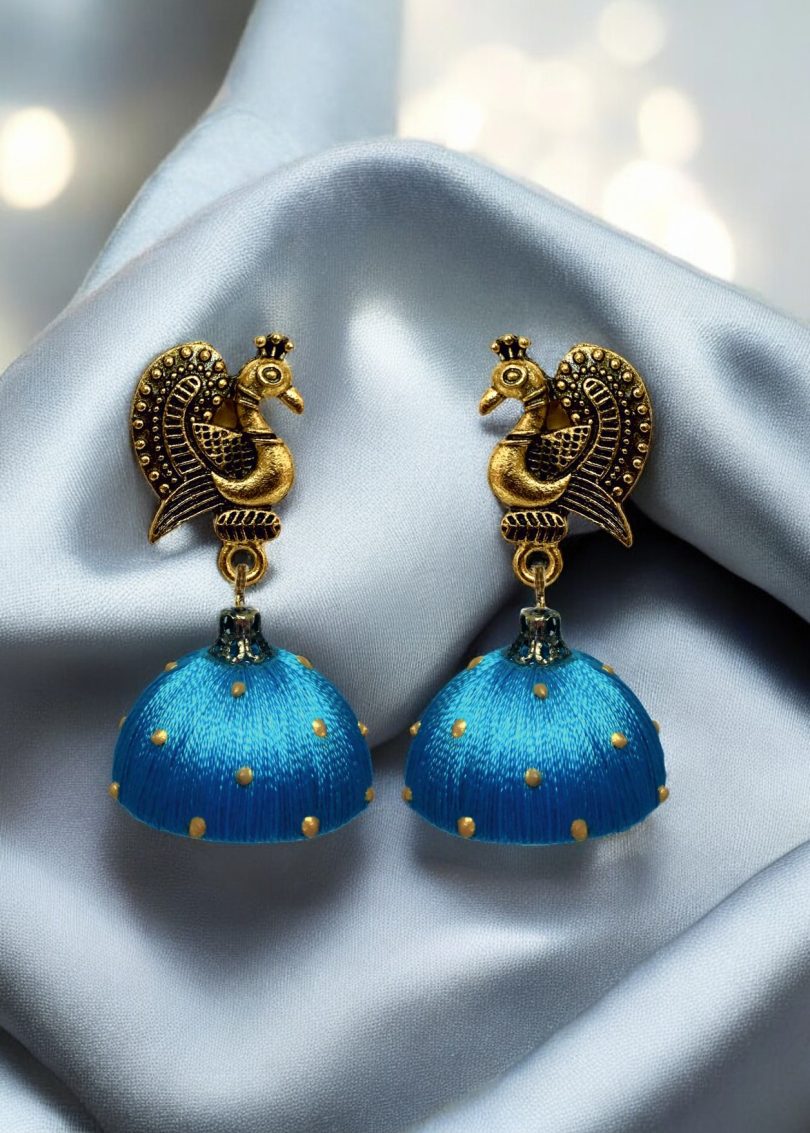 Silk Thread Jumki with Antique Peacock Stud - Image 2