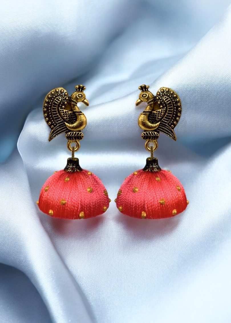 Silk Thread Jumki with Antique Peacock Stud - Image 3