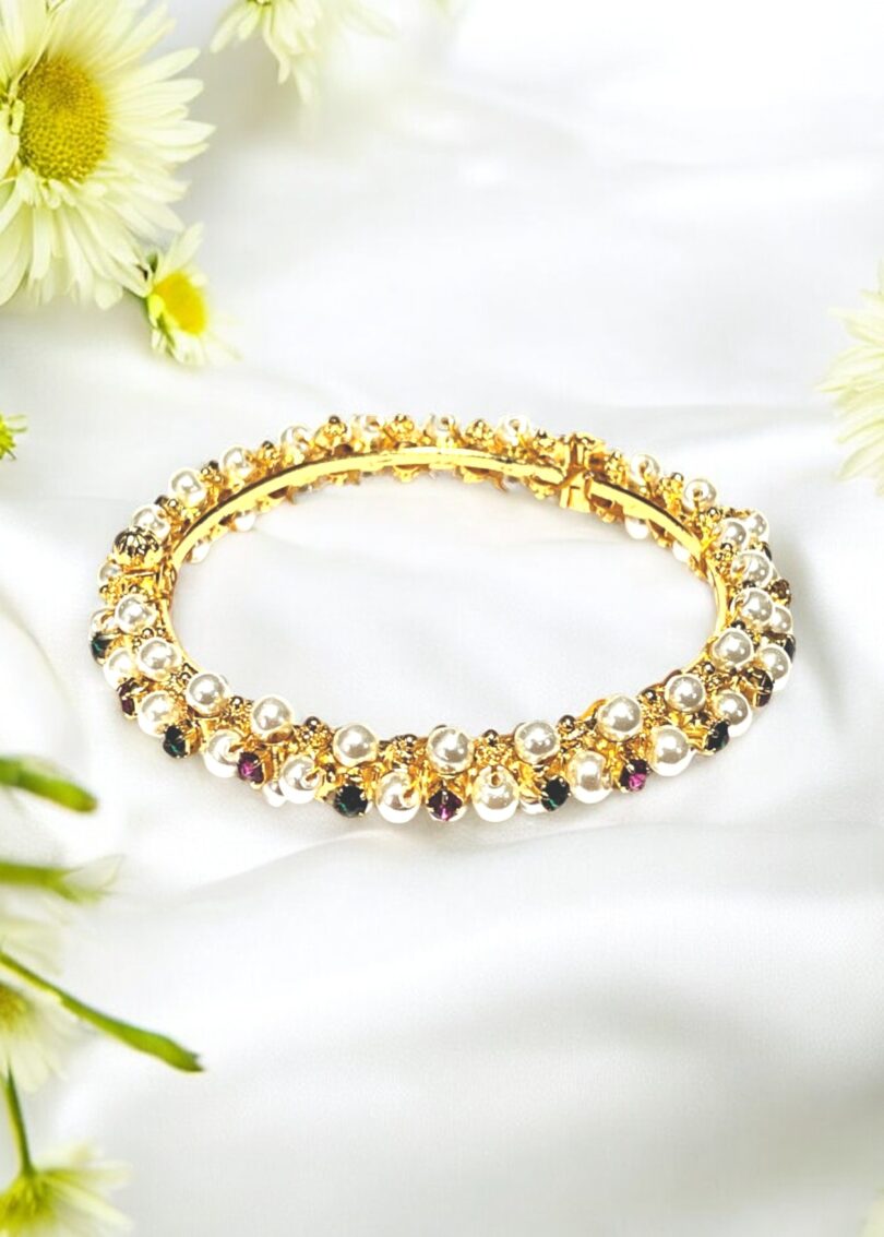 White Screw bangle with Pink and Green Stones