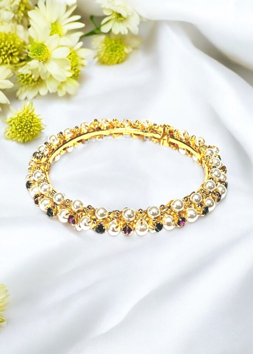 White Screw bangle with Pink and Green Stones - Image 2